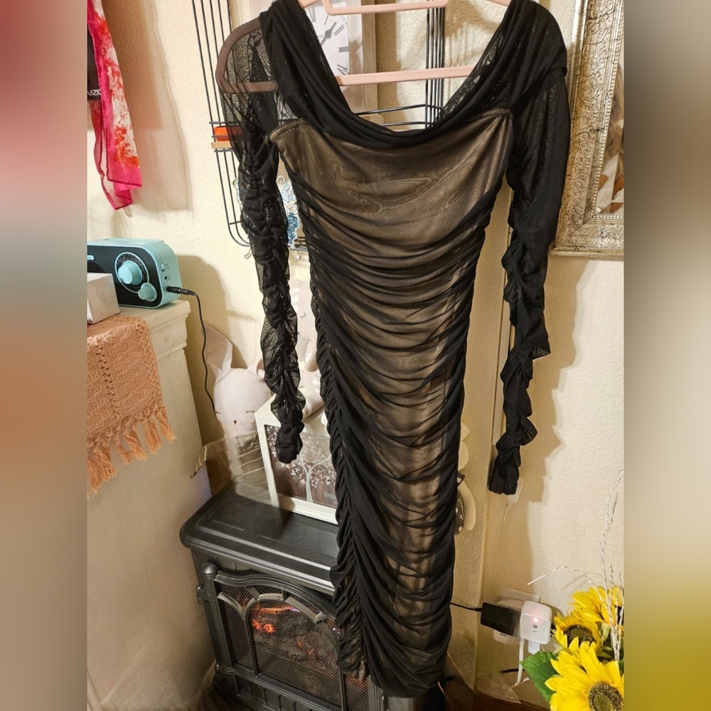 Fashion Nova Black Mesh Ruched Dress